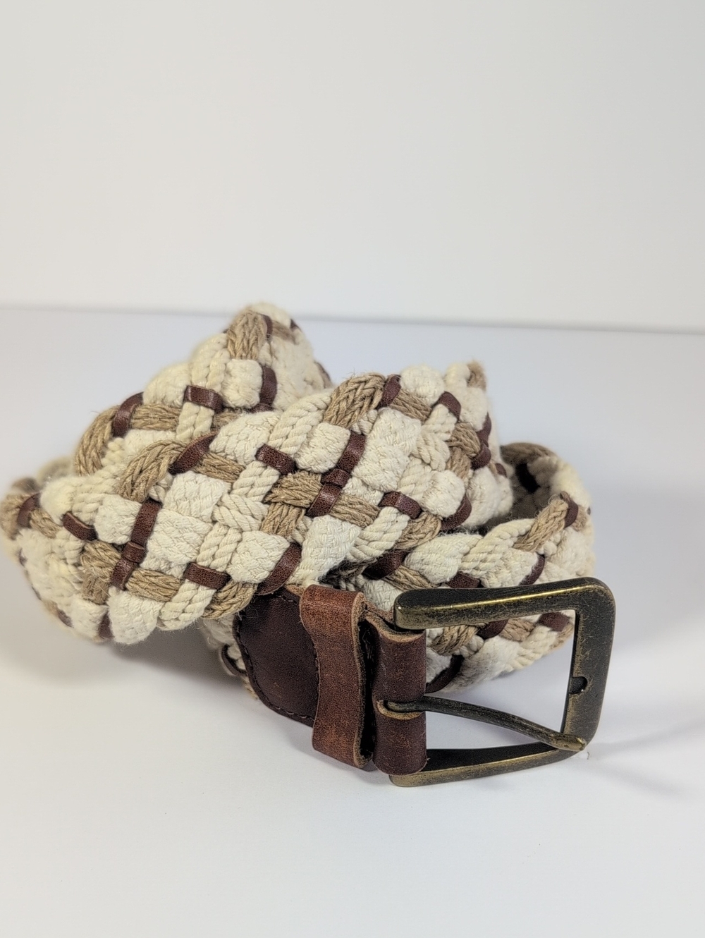 Braided Cotton & Leather Women’s Belt - Cream and Brown Size S